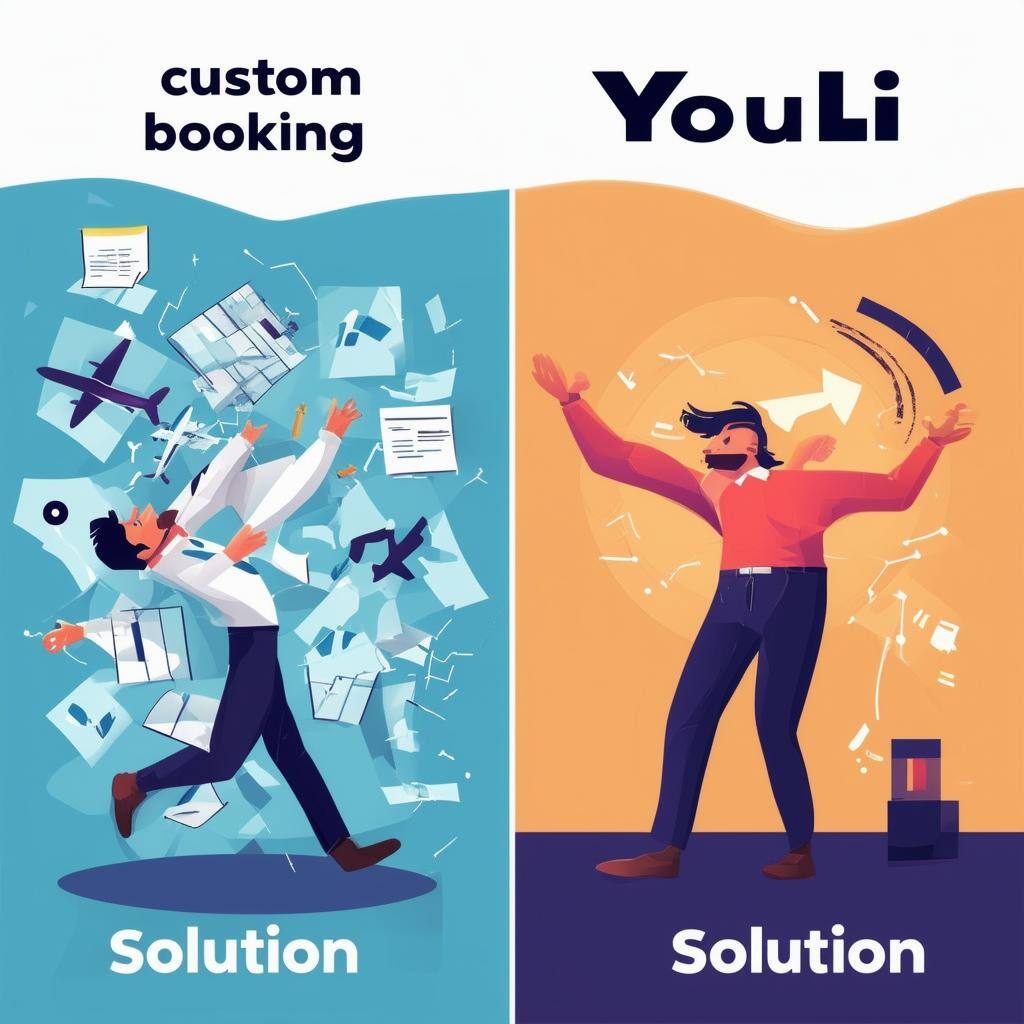 the image has 2 panels, it depicts on the left panel a business man struggling under the text custom booking solution it is messy and stressful, it