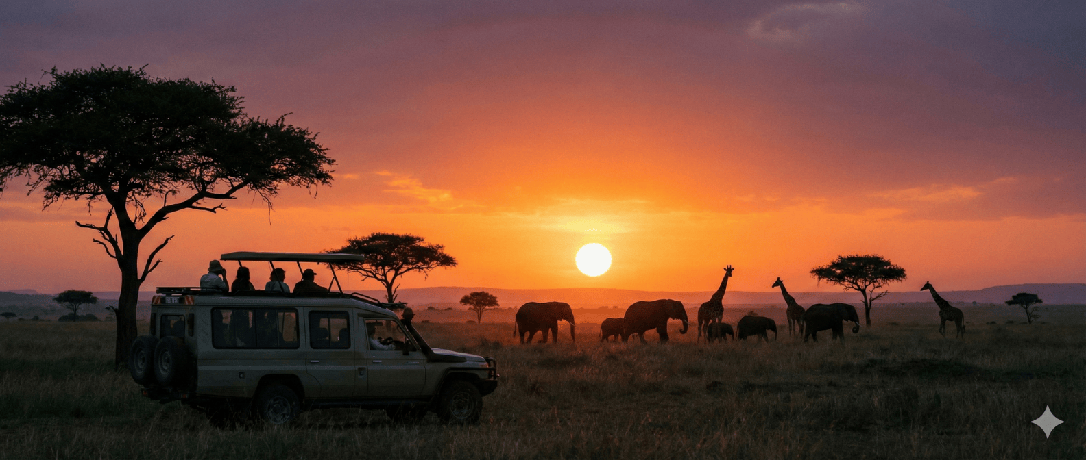 AI generated image using the prompt “Create a wide, scenic image of travelers on safari in the Serengeti at sunset. Cinematic but realistic style. Wide landscape format suitable for a website hero image. Leave space for text at the top.”