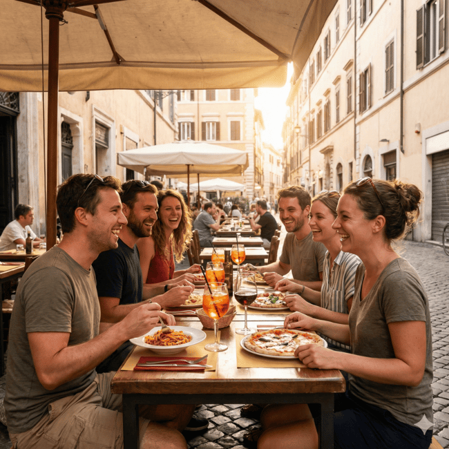 AI generated image using the prompt “Create a warm, candid image of travelers enjoying food and drinks at an outdoor café in Rome at golden hour. Square format for Instagram. Avoid logos and overly posed people.”